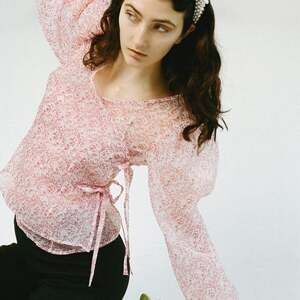 Rare Shrimps Cat Print Sheer Puff Sleeve Wrap Blouse - Size 6